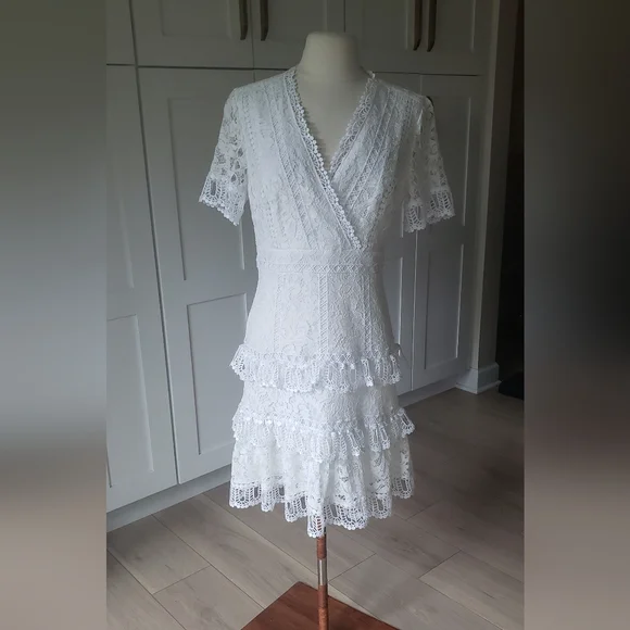 French Connection Arta Lace Dress Womens 8 White Tiered Scalloped Ruffle  Bridal